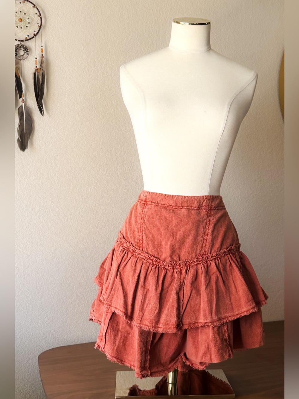 Free People Coral Tiered Ruffle Mini Skirt Raw Hem Boho Festival Size 6